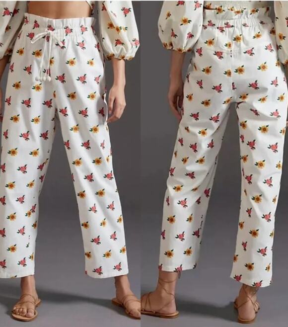 FARM Rio Pants - Farm Rio NEW Cross Stitch Flowers Embroidered Pants Off-White, M/L